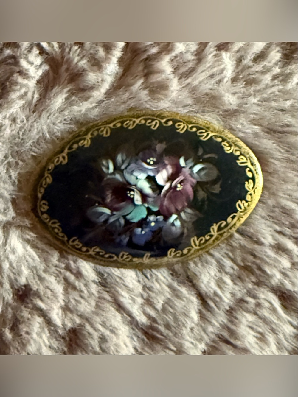 Lacquered, Hand-Painted, and Signed Russian Floral Oval Brooch